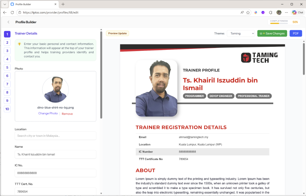Trainer profile builder with live A4 preview